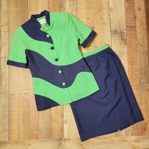J.R. II Ltd. Green and Navy 2-piece Skirt Suit